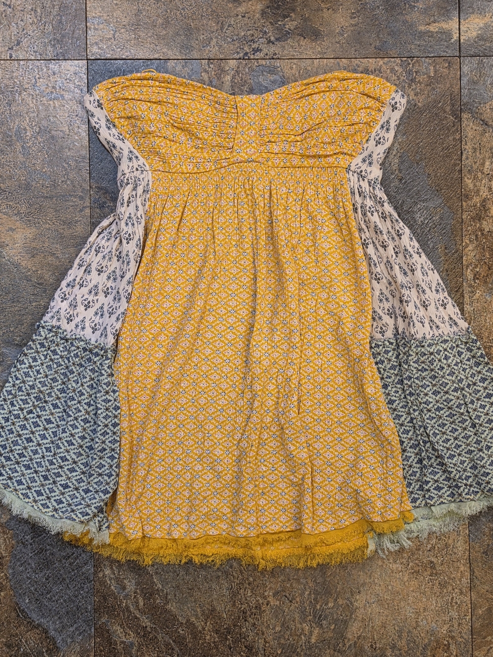 Free People Womens Yellow Floral Tiered Sundress with Mixed-Print Panels